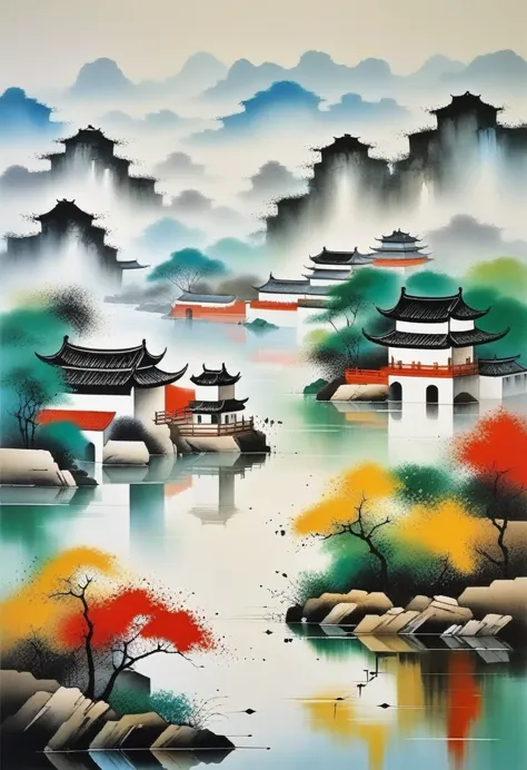 decorative painting in living room：geometric abstract ink，Describe Jiangnan Landscape Architecture Complex，Wu Guanzhong&#39;s st...