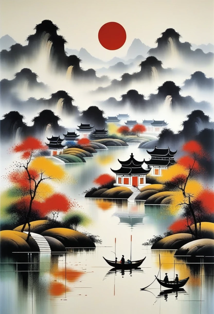 pintura decorativa na sala：Tinta abstrata geométrica，Descrever o complexo de arquitetura paisagística de Jiangnan，Wu Guanzhong&#39;Seu estilo é uma expressão artística que combina técnicas tradicionais de tinta chinesa com conceitos de pintura ocidental... Caracteriza-se por uma interpretação moderna de um tema tradicional.., Cria efeitos visuais únicos através de cores e linhas..