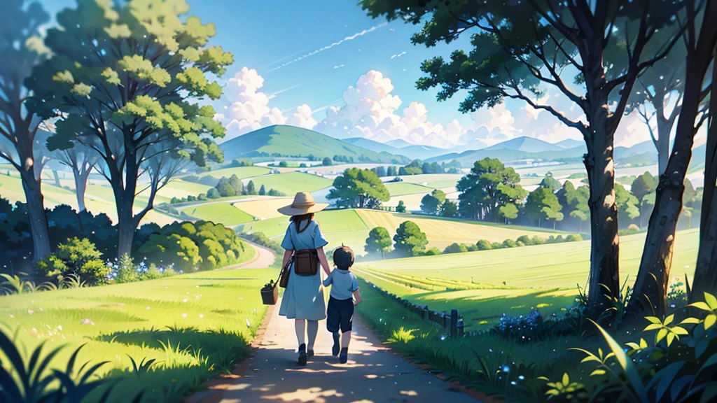 1girl、Highest quality、Masterpiece、Official Art、The best dynamic composition、A tranquil view of the countryside、Departure、A mother is walking hand in hand with her little son、