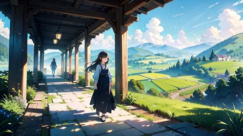 1girl、Highest quality、Masterpiece、Official Art、The best dynamic composition、A tranquil view of the countryside、Departure、A mothe...