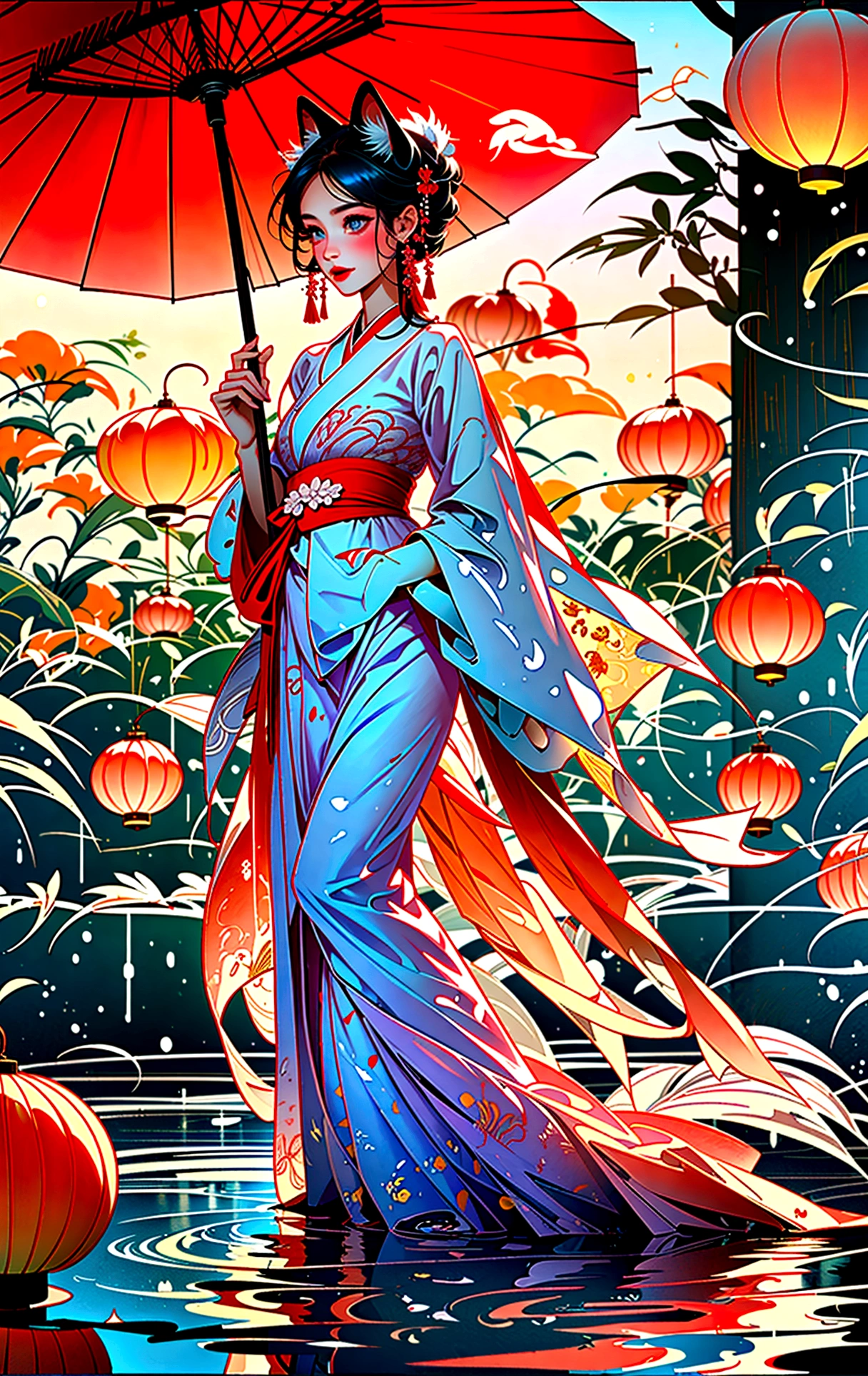 Masterpiece, best quality, full body shot (head and feet in the frame)(highly precise drawing down to the smallest detail)(extremely precise representation)a breathtakingly beautiful japanese yokai kitsune (fox goddess) relaxing and showing friendly her fangs(very athletic human body, fox ears, more than 3 foxtails)) dressed in peach-magenta-white hanfu clothing worthy of a goddess with a beautiful headdress, fit, small breasts, paper lanterns and peonies, very detailed images, extremely detailed, complicated details, high resolution, super complex details, mfbp1,huli,fox ear,vampy fang