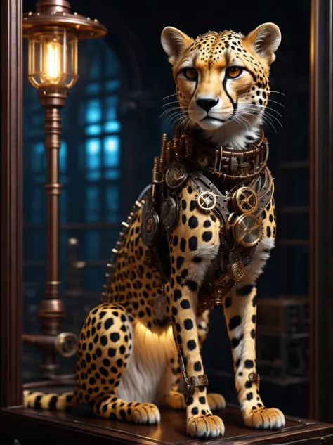 Look through the translucent body of the steampunk cheetah，There are beautiful lights inside，Detailed and realistic，8K  UHD，high...