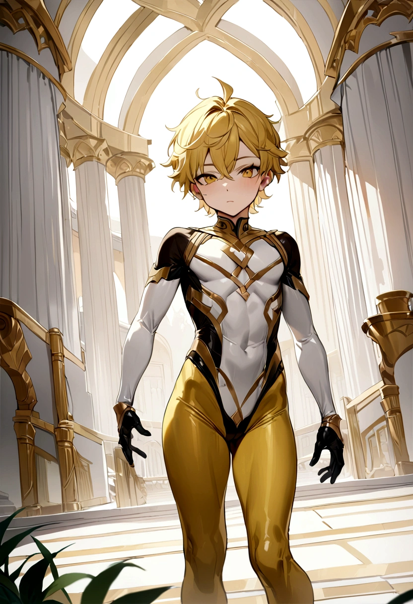 High quality，(Best quality, 4K, A high resolution, Masterpiece:1.2), Super detailed，（1 boy），（（（独奏））），juvenile，male，（Male juvenile）, Handsome and cute boy, black and yellow hair,Gold tights with white pattern，bodysuit，short hair,Golden Eyes，single photo,the white temple of light,magnificent palace background，