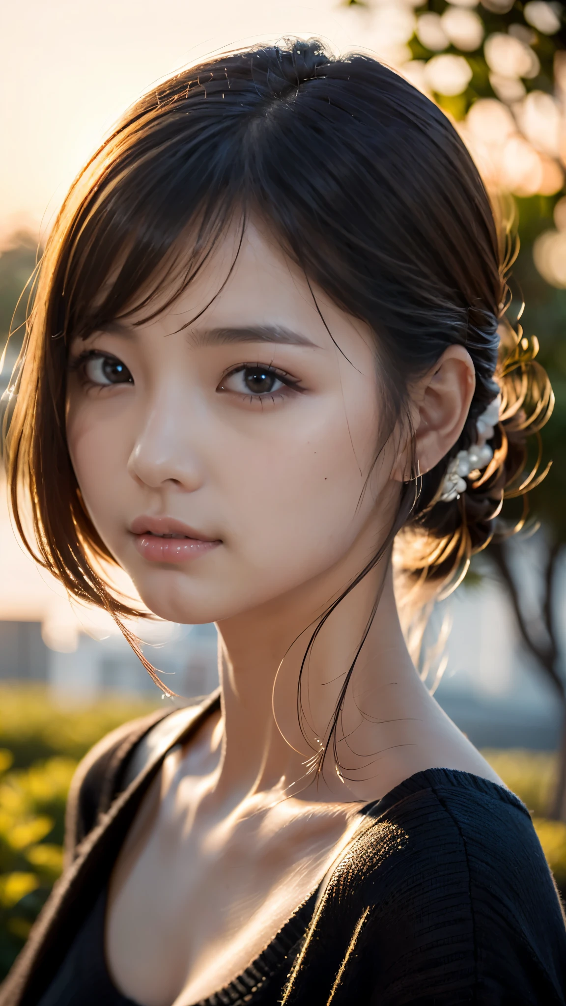 (chef-d&#39;œuvre:1.2),(la plus haute qualité),(Très détaillé:1.2),(Haute résolution),(Bâton photoréaliste),(Photos brutes),8k,Gros plan d&#39;une femme dans un pull noir,Portraits doux,belles femmes japonaises,magnifique portrait de visage,lumière des yeux,Fille de la personne elle-même,Très beau visage,beau portrait,Un visage charmant et délicat,belle jeune femme japonaise,Coiffure mature,Regardez de cette façon(Coucher de soleil en arrière-plan),(((Flou l&#39;arrière-plan))),(lumière douce:1.5),(par dessus l&#39;épaule),(Prise de vue en POV)