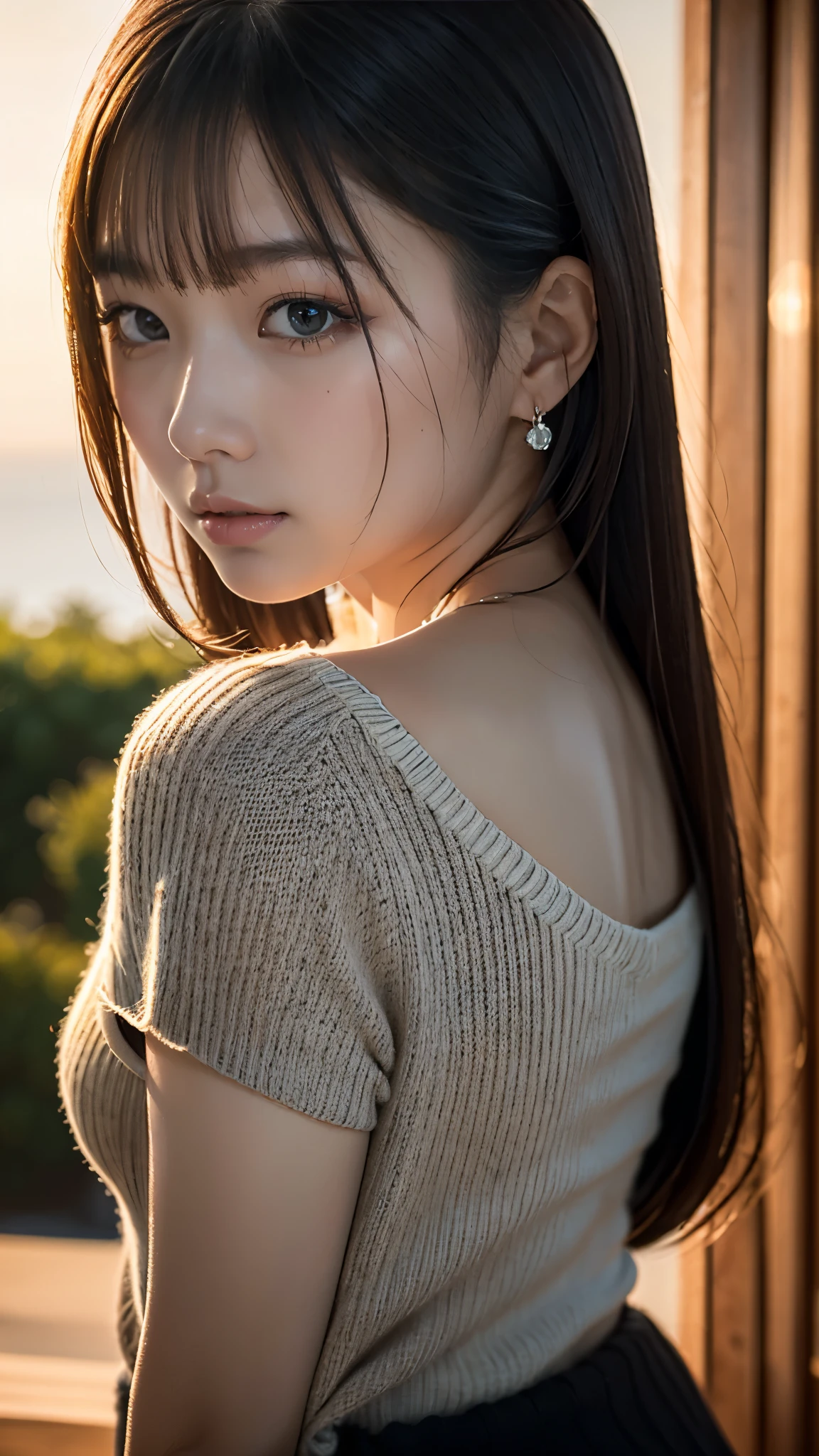 (걸작:1.2),(최상의 품질),(매우 상세한:1.2),(높은 해상도),(사실적인 스틱),(RAW 사진),8K,검은 스웨터를 입은 여자의 클로즈업,부드러운 인물 사진,아름다운 일본 여성,화려한 얼굴 초상화,눈 빛,본인의 소녀,매우 아름다운 얼굴,아름다운 초상화,사랑스럽고 섬세한 얼굴,아름다운 젊은 일본 여자,성숙한 헤어스타일,이쪽을 보세요(일몰을 배경으로),(((배경을 흐리게))),(부드러운 빛:1.5),(어깨 너머로),(POV 샷)