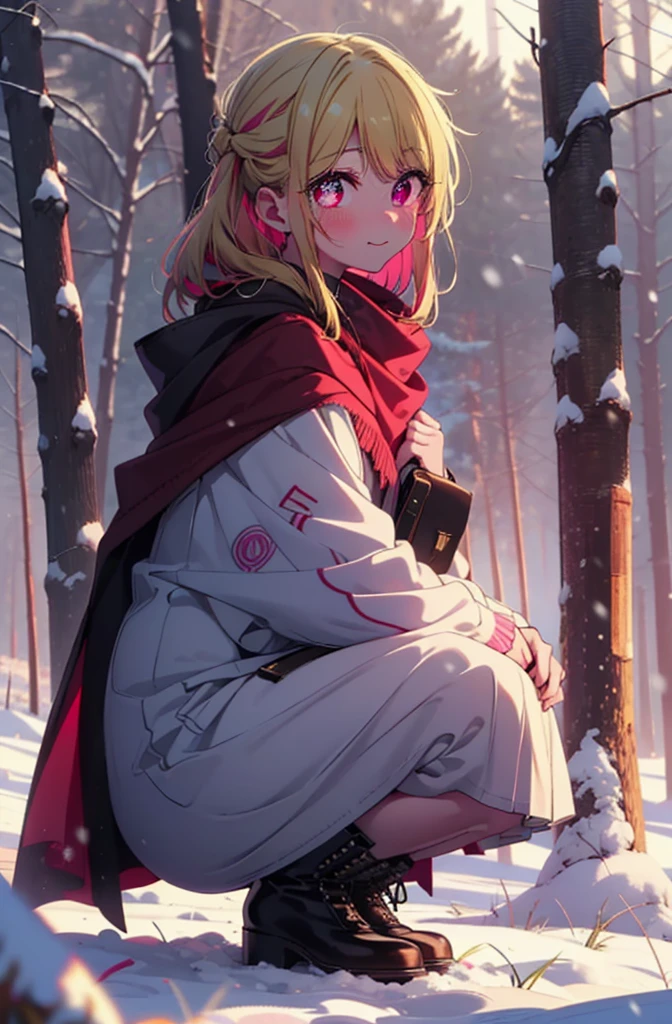 rubyhoshino, Hoshino Ruby, Long Hair, bangs, Blonde, (Pink Eyes:1.3), Side Lock, (Symbol-shaped pupil:1.5), Multicolored Hair, Two-tone hair, smile,,smile,blush,White Breath,
Open your mouth,snow,Ground bonfire, Outdoor, boots, snowing, From the side, wood, suitcase, Cape, Blurred, , forest, White handbag, nature,  Squat, Mouth closed, Cape, winter, Written boundary depth, Black shoes, red Cape break looking at viewer, Upper Body, whole body, break Outdoor, forest, nature, break (masterpiece:1.2), Highest quality, High resolution, unity 8k wallpaper, (shape:0.8), (Beautiful and beautiful eyes:1.6), Highly detailed face, Perfect lighting, Highly detailed CG, (Perfect hands, Perfect Anatomy),