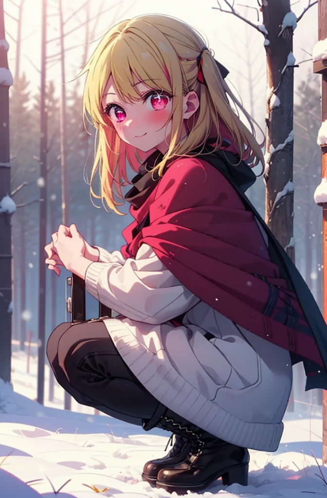 rubyhoshino, Hoshino Ruby, Long Hair, bangs, Blonde, (Pink Eyes:1.3), Side Lock, (Symbol-shaped pupil:1.5), Multicolored Hair, Two-tone hair, smile,,smile,blush,White Breath,
Open your mouth,snow,Ground bonfire, Outdoor, boots, snowing, From the side, wood, suitcase, Cape, Blurred, , forest, White handbag, nature,  Squat, Mouth closed, Cape, winter, Written boundary depth, Black shoes, red Cape break looking at viewer, Upper Body, whole body, break Outdoor, forest, nature, break (masterpiece:1.2), Highest quality, High resolution, unity 8k wallpaper, (shape:0.8), (Beautiful and beautiful eyes:1.6), Highly detailed face, Perfect lighting, Highly detailed CG, (Perfect hands, Perfect Anatomy),