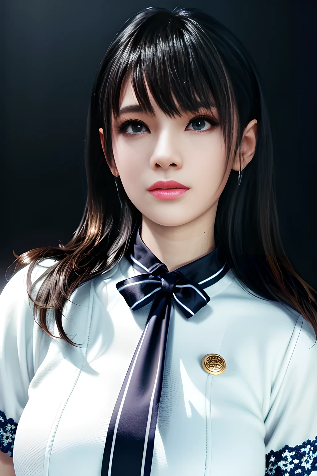 1girl,The upper body is a dark blue short-sleeved suit jacket, paired with a white shirt and a black tie. The jacket is decorated with white stripes, which adds a sense of fashion and layering. The lower body is a dark blue skirt that matches the jacket, , huge breasts, lactation, starry background, elegance, magical atmosphere, (soft lighting:1.5), serene, graceful, beautiful detailed eyes, beautiful detailed lips, extremely detailed face, long eyelashes,  (best quality, 4k, 8k, highres, masterpiece:1.2), ultra-detailed, (realistic, photorealistic, photo-realistic:1.37), vibrant colors, Nanami