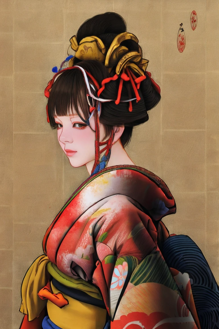 1 Girl, alone, Oiran, Maiko, country, Looking at the audience, short hair, Brown eyes, Brown Hair, Black Hair, hair ornaments, Upper Body, kimono, Blunt bangs, kimono, sash, Compensate, Bob cut hair, Bare shoulders,