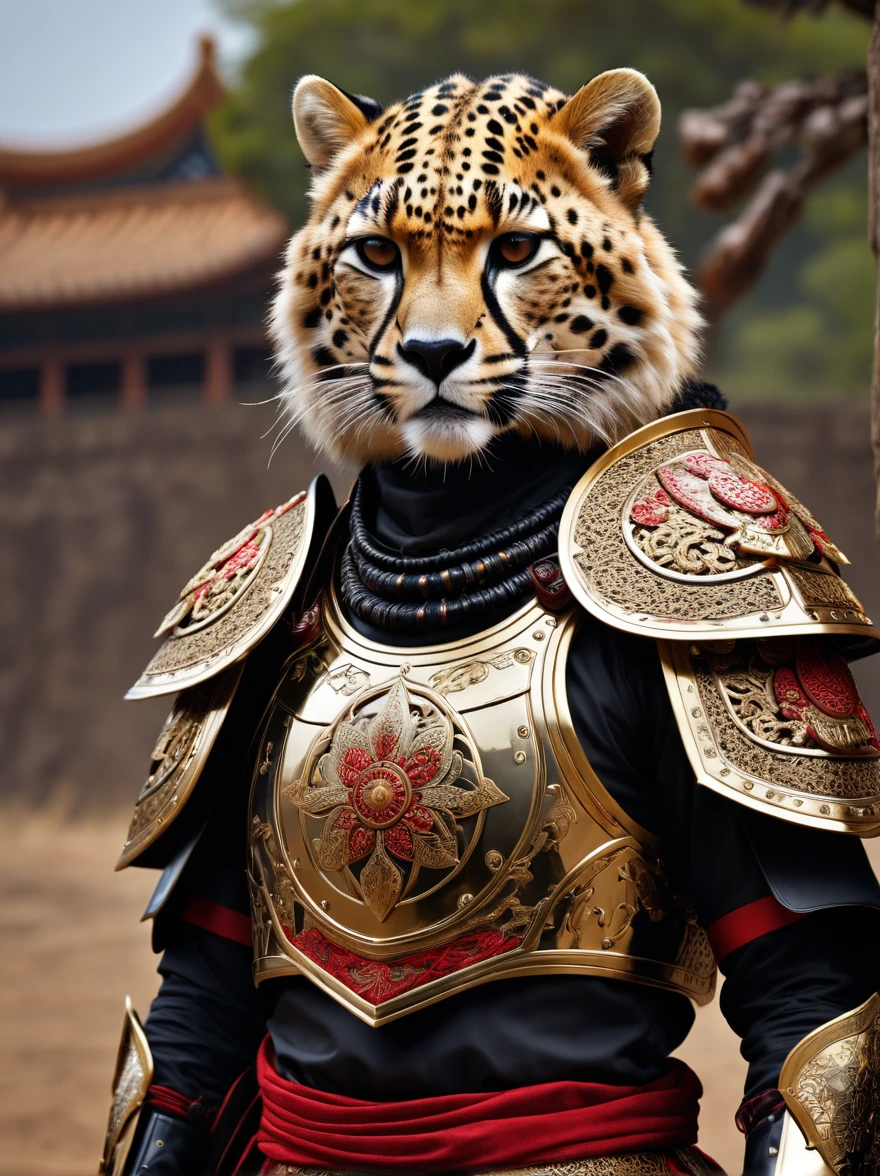 RAW photos，Lifelike photos of anthropomorphic creatures，Complex Ultra Detailed（Full body image）A ferocious cheetah warrior，Wearing a complete set(Carcass Armor)and a(Beautifully decorated large(Spade Helmet)Samurai helmet)，(Beautiful embroidery)，Shiny armor plates，Detailed different textures，((Specular Highlights))，(Subsurface scattering)，((150 mm))，Volumetric Light，HDR，((Extremely complex))，(Intricate details)，grace，Beautiful background，Octane Rendering，8k，Best quality，masterpiece，Extremely delicate and beautiful，Extremely detailed，(lifelike，Photo-like lifelike:1.5)，amazing，Fine details，masterpiece，Best quality，Official Art，Extremely detailed的8k壁纸，(great composition)，Exotic decoration，HDR，High contrast，Big head inside helmet，Red black gold，Soft edge light，(Exposure Blending)，Cute paws，The katana is tied around the waist，majesty，victory，mighty