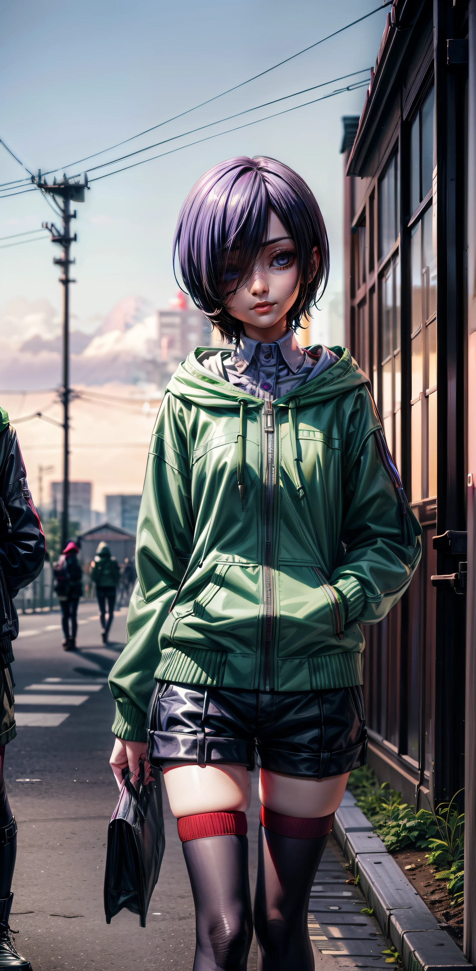 sudadera con capucha verde, bermudas, muslos rojos Cara hermosa, cabello azul-púrpura, Ojos azul-violeta, Rasgos faciales fríos, piel blanca, touka kirishima, Tokyo Ghoul y Dat City tienen edificios hermosos y detallados, Colores hermosos y saturados. 