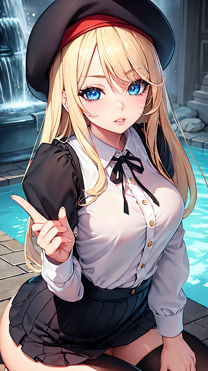 1girl, beautiful detailed eyes, beautiful detailed lips, extremely detailed face, long eyelashes, blonde hair, blue eyes, pink lips, , white shirt, black ribbon, charming atmosphere, manga artist, slightly erotic, wearing a red beret, holding a fountain pen and posing, anime-style, beautiful woman, her background is a solid black color that can be easily cropped, frontal view, looking up