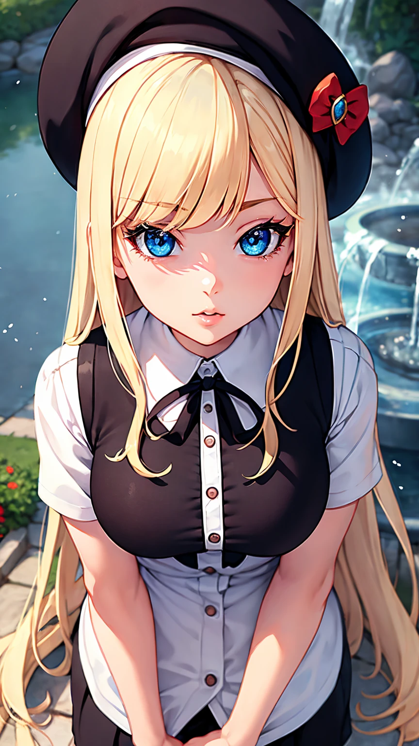 1girl, beautiful detailed eyes, beautiful detailed lips, extremely detailed face, long eyelashes, blonde hair, blue eyes, pink lips, , white shirt, black ribbon, charming atmosphere, manga artist, slightly erotic, wearing a red beret, holding a fountain pen and posing, anime-style, beautiful woman, her background is a solid black color that can be easily cropped, frontal view, looking up