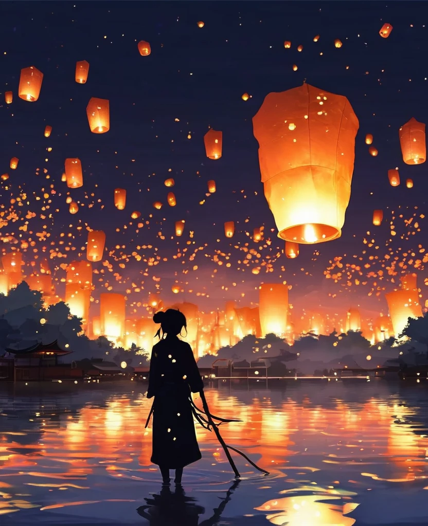 1.Place the river lanterns by the river，(((Kongming Lantern Wishing Lantern)))Many sky lanterns are lit on the water, floating lights, Lights and reflections, Glowing lights! Intermediate Metaverse Elements，number, glowing reflections, think. author：Shinkai Makoto, Water Lanterns, A quiet night. Digital Illustration, Beautiful Ambience, Night sky lights, Peaceful evening atmosphere, 美丽的number艺术作品, Low Detail. number, Beautiful Ambience，People silhouette，