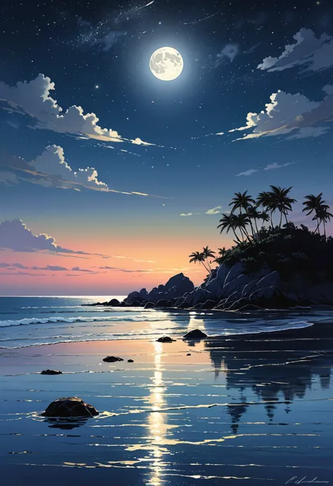 under the serene glow of a full moon, a tranquil sea stretches out into the horizon. the moonlight casts a silver sheen over the...