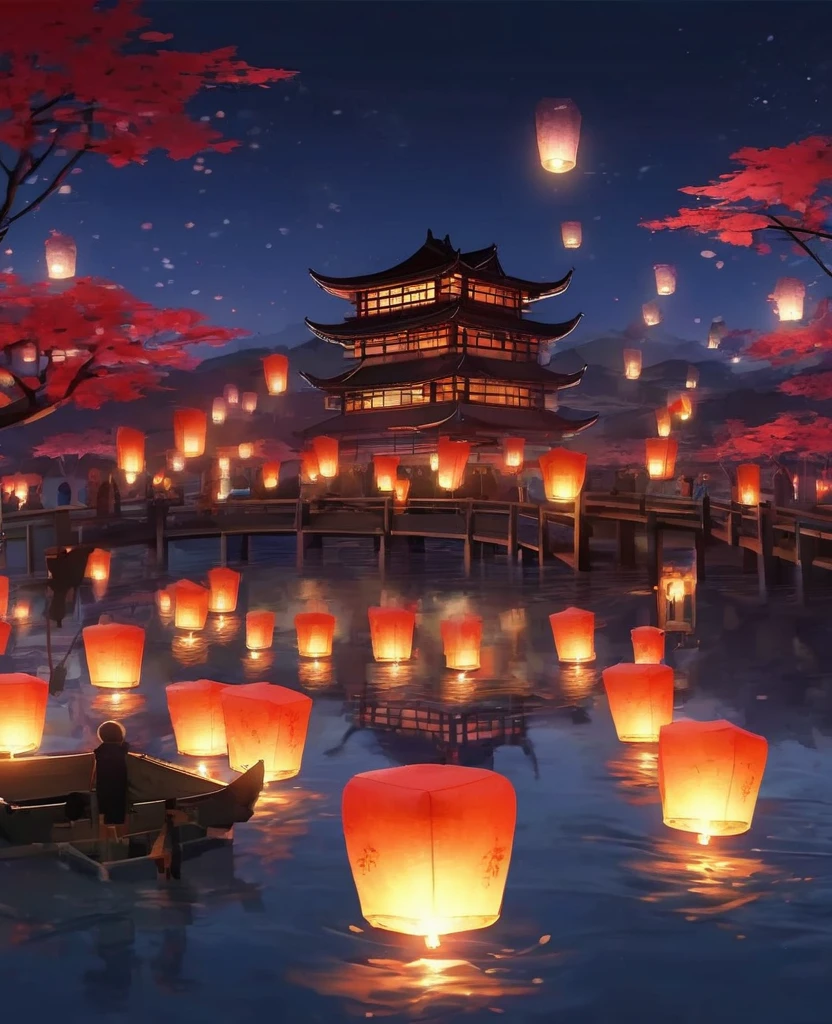 1.Place the river lanterns by the river，(((Kongming Lantern Wishing Lantern)))Many sky lanterns are lit on the water, floating lights, Lights and reflections, Glowing lights! Intermediate Metaverse Elements，number, glowing reflections, think. author：Shinkai Makoto, Water Lanterns, A quiet night. Digital Illustration, Beautiful Ambience, Night sky lights, Peaceful evening atmosphere, 美丽的number艺术作品, Low Detail. number, Beautiful Ambience