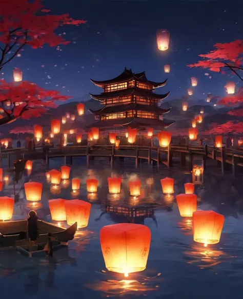 1.place the river lanterns by the river，(((kongming lantern wishing lantern)))many sky lanterns are lit on the water, floating l...