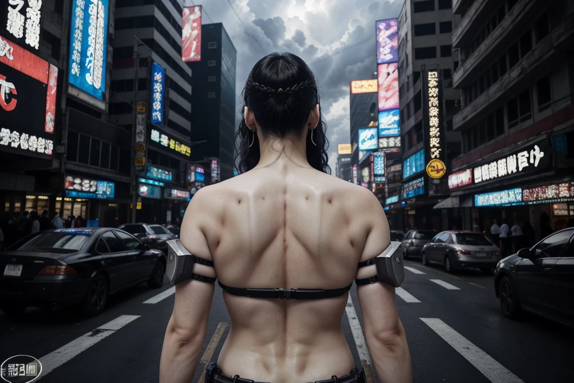 award-winning photo, , cyberpunk costume, Cracked porcelain skin, A dark-haired、 big plan, vibrating, Photorealista, realist, dramatic, cloudy, sharp focus, 8k、highcontrast、teats、erotic、pose genial、back view