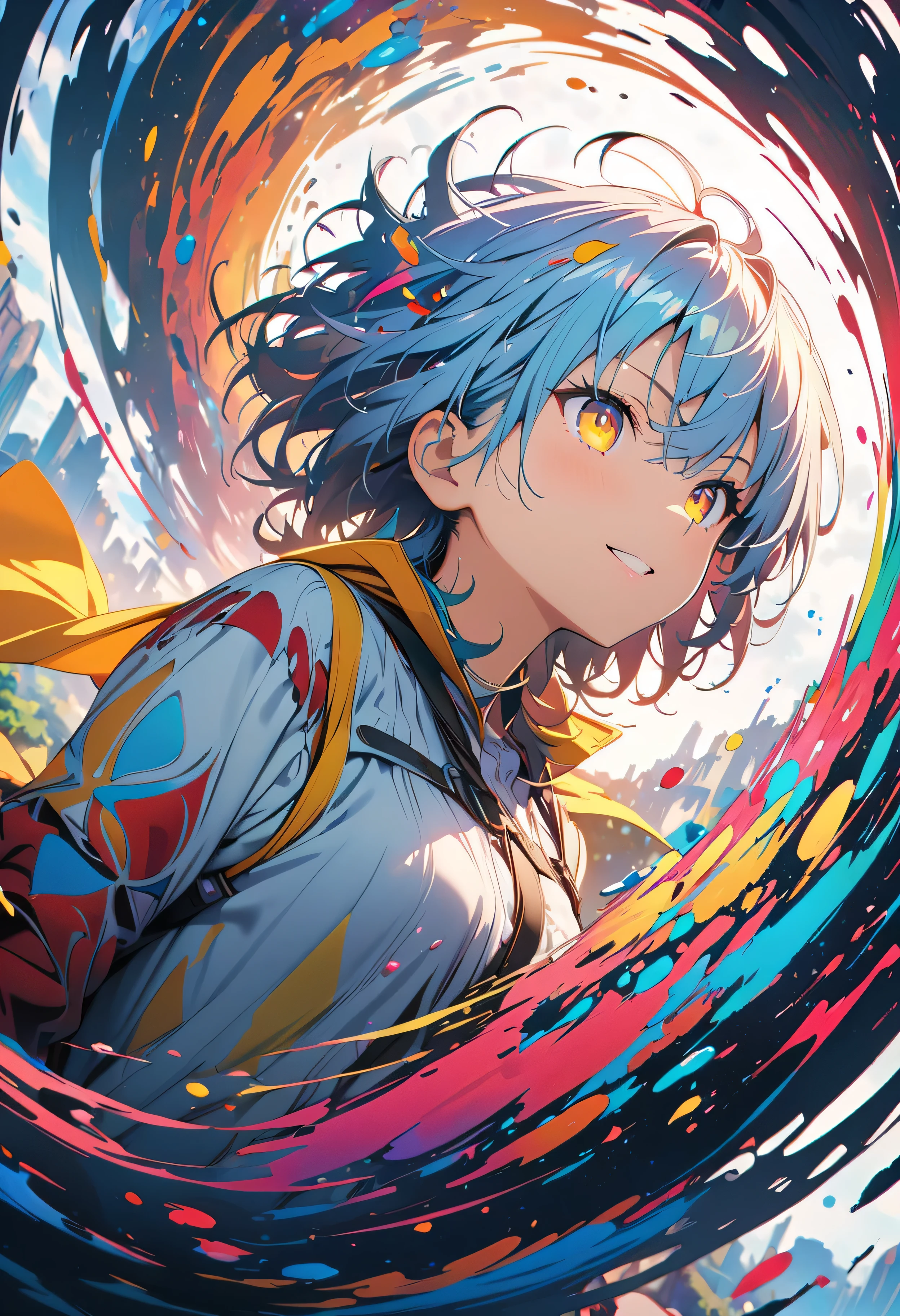 (masterpiece, Highest quality, Official Art:1.2), (colorful), Looking at the audience, One Girl, alone, White Background, floating colorful water, Ultra-fine illustrations, highly detailed, Dynamic Angle, beautiful detailed, 8K, break smiling amidst the colorful scenes, (Highest quality, masterpiece, High resolution, detailed), Anime Style, (Shining Eyes, detailed美しい顔), break,Dynamic Angle