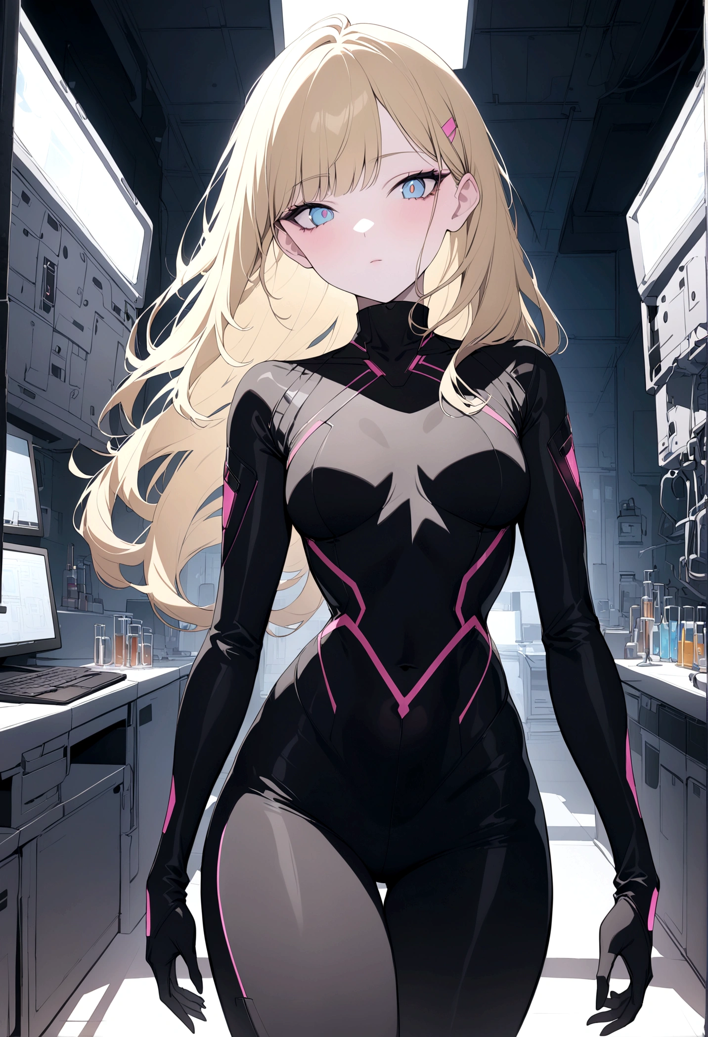 (masterpiece, 32k, 8k, laboratory setting, character walking towards the viewer) 17 year old girl, naturally beautiful face, long blonde hair with pink streaks, tight black clothes in cyberpunk style, one blue eye and one gray eye,