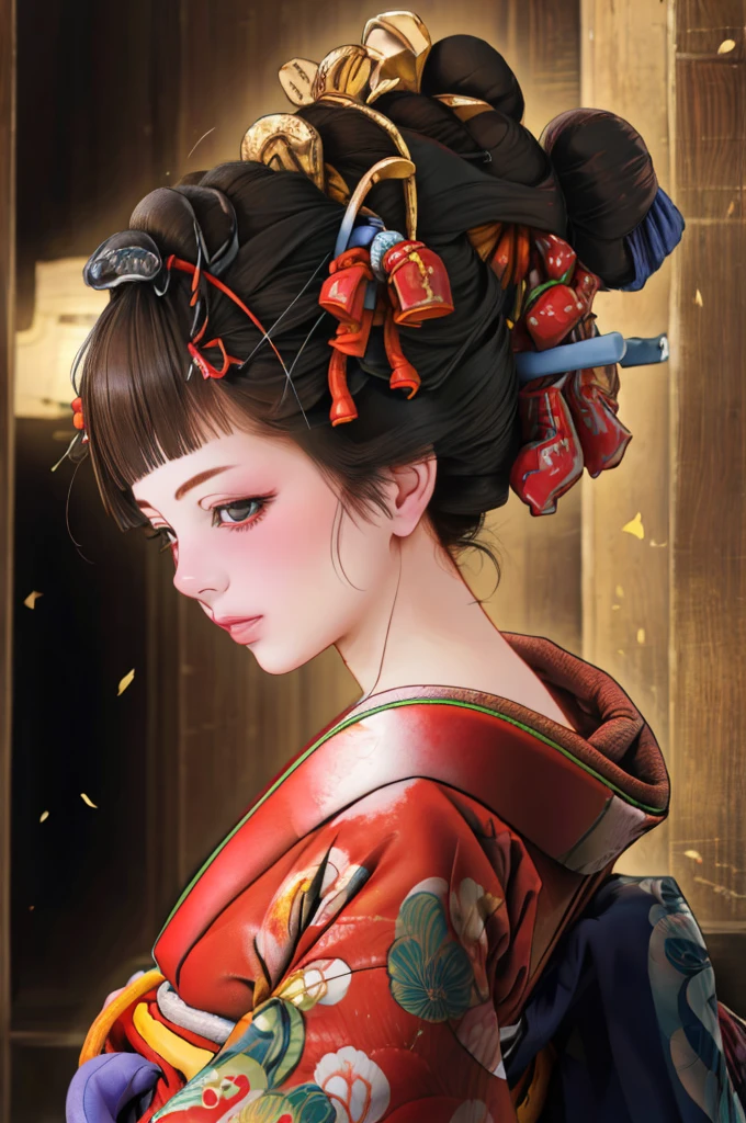 1 Mädchen, allein, Oiran, Maiko, Land, Blick ins Publikum, Kurzes Haar, braune Augen, braune Haare, schwarzes Haar, Haarschmuck, Oberkörper, Kimono, Stumpfer Pony, Kimono, Schärpe, kompensieren, Bob geschnittenes Haar, ((nackten Schultern)),