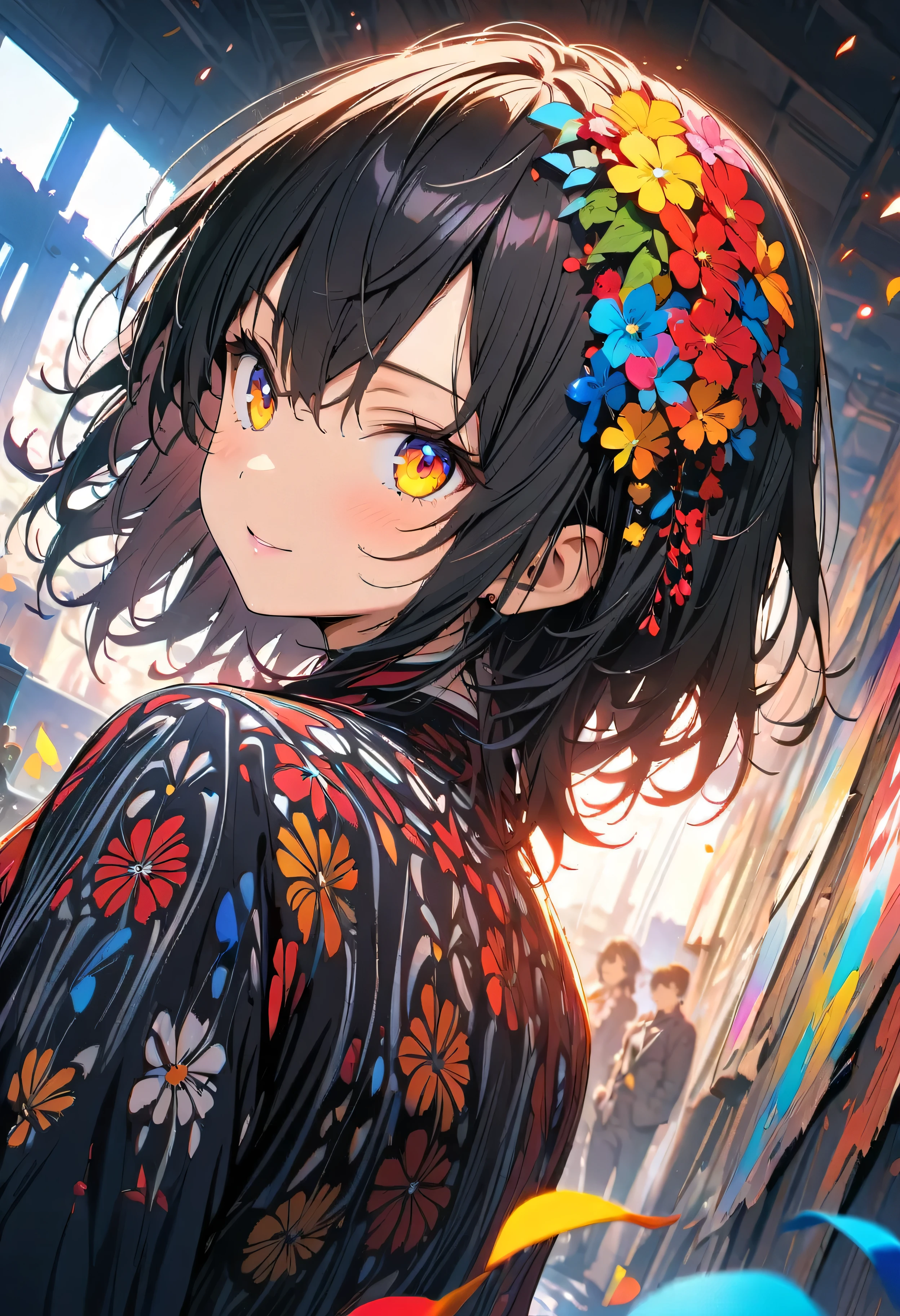 (masterpiece, Highest quality, Official Art:1.2), (colorful), Looking at the audience, One Girl, alone, White Background, floating colorful water, Ultra-fine illustrations, highly detailed, Dynamic Angle, beautiful detailed, 8K, break smiling amidst the colorful scenes, (Highest quality, masterpiece, High resolution, detailed), Anime Style, (Shining Eyes, detailed美しい顔), break,Dynamic Angle