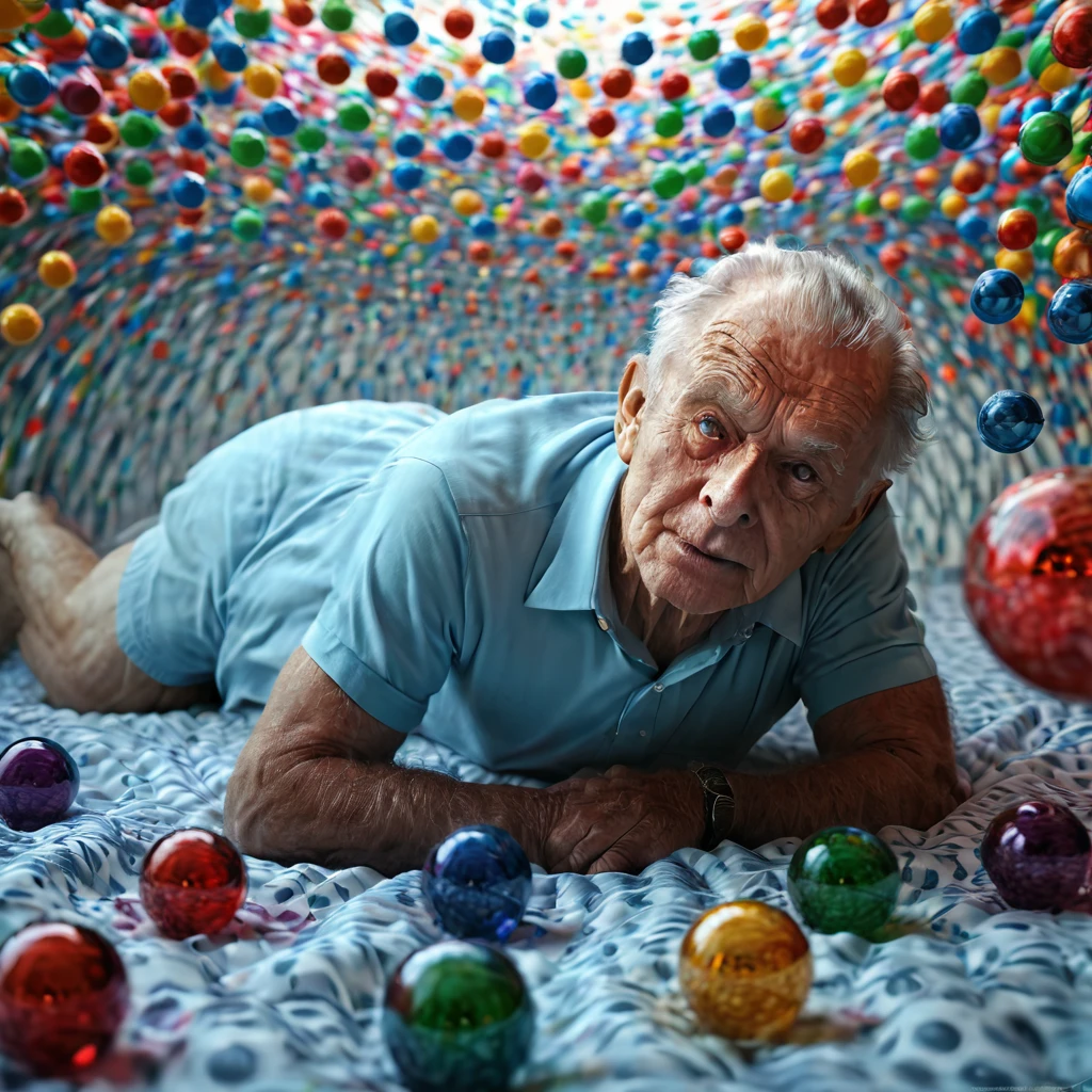 arafed man laying on a bed of balls with a glass ball in the background, 3d render senior artist, by Alexander Kucharsky, by Krzysztof Boguszewski, dementia, deep dream, 8 k 3 d render ray traceing, an amazing photo, surreal scene, surreal 3 d render, c 4 d ”