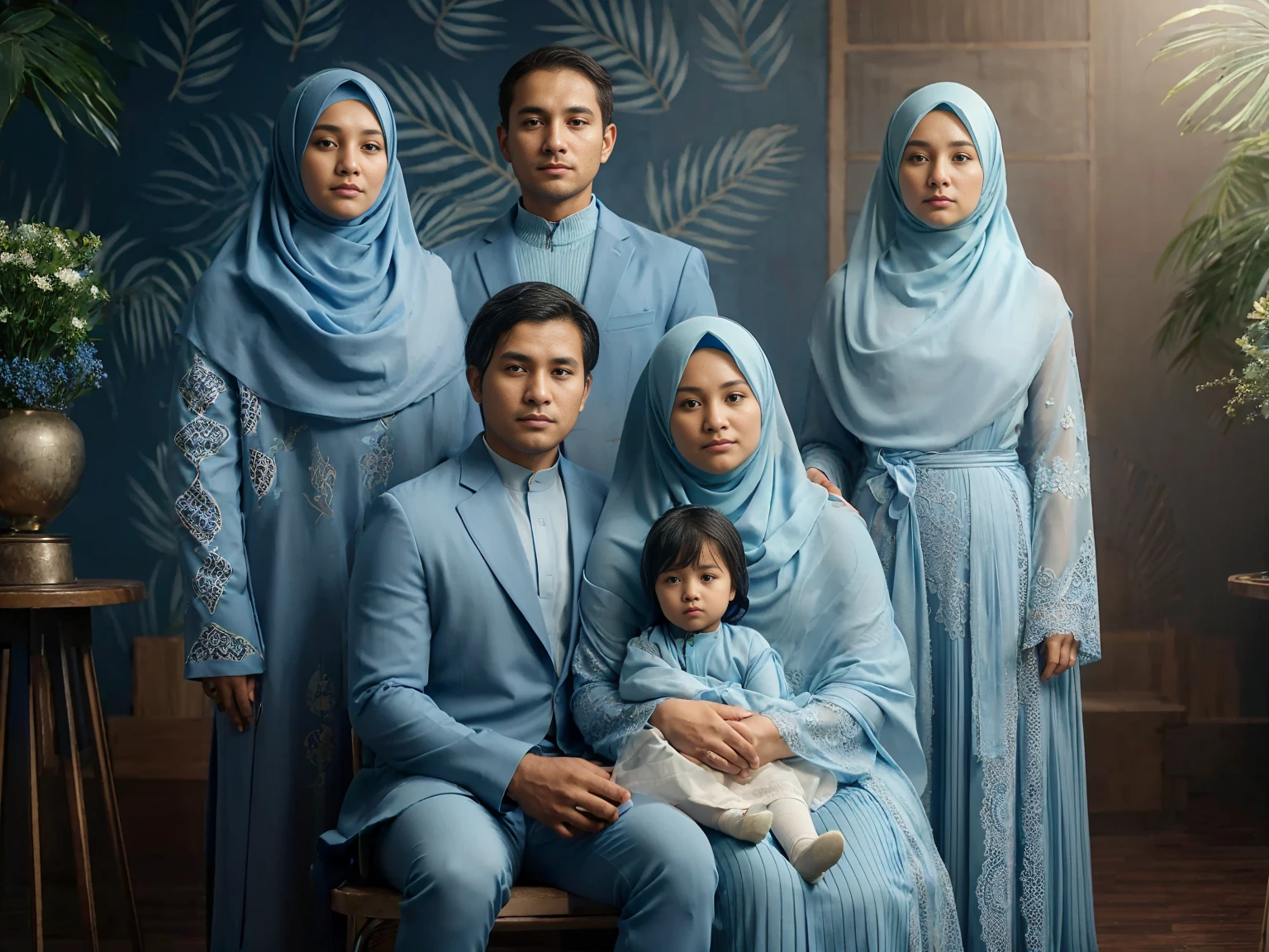 Studio Photography, close up, 5 peoples, Indonesian, sits on couple's chair, a man aged 55 short crew hair and a slightly overweight woman wearing long compliant pashmina hijab in sky blue color holding one  aged 3, stands behind them there's a man aged 27 and two woman aged 25 wearing hijab, all wearing exclusive blue sky suit and blue sky gamis sharia dress with long compliant sharia hijab in sky blue color, set in a studio with navy leaf patterned walls, warm hug pose, green flower vases, side tables, fresh color, 8k, photography, UHD.