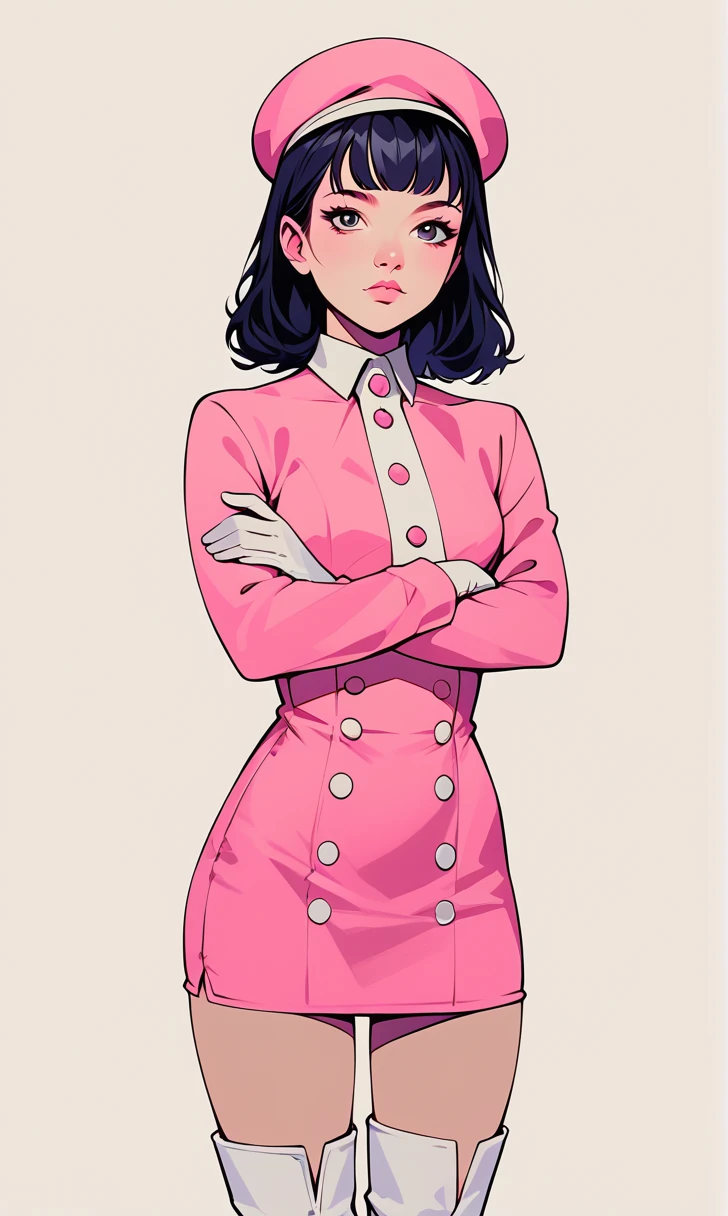 score_9, score_8_up, 1girl, solo, flat shading, flat color, drg, wide hips, narrow waist, black hair, pink dress, mini dress, long sleeves, white gloves, white boots, small hat, pink hat, portrait, closeup, looking at viewer, crossed arms
