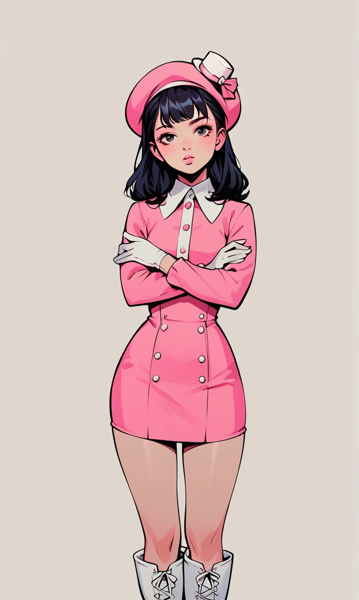 score_9, score_8_up, 1girl, solo, flat shading, flat color, drg, wide hips, narrow waist, black hair, pink dress, mini dress, long sleeves, white gloves, white boots, small hat, pink hat, portrait, closeup, looking at viewer, crossed arms
