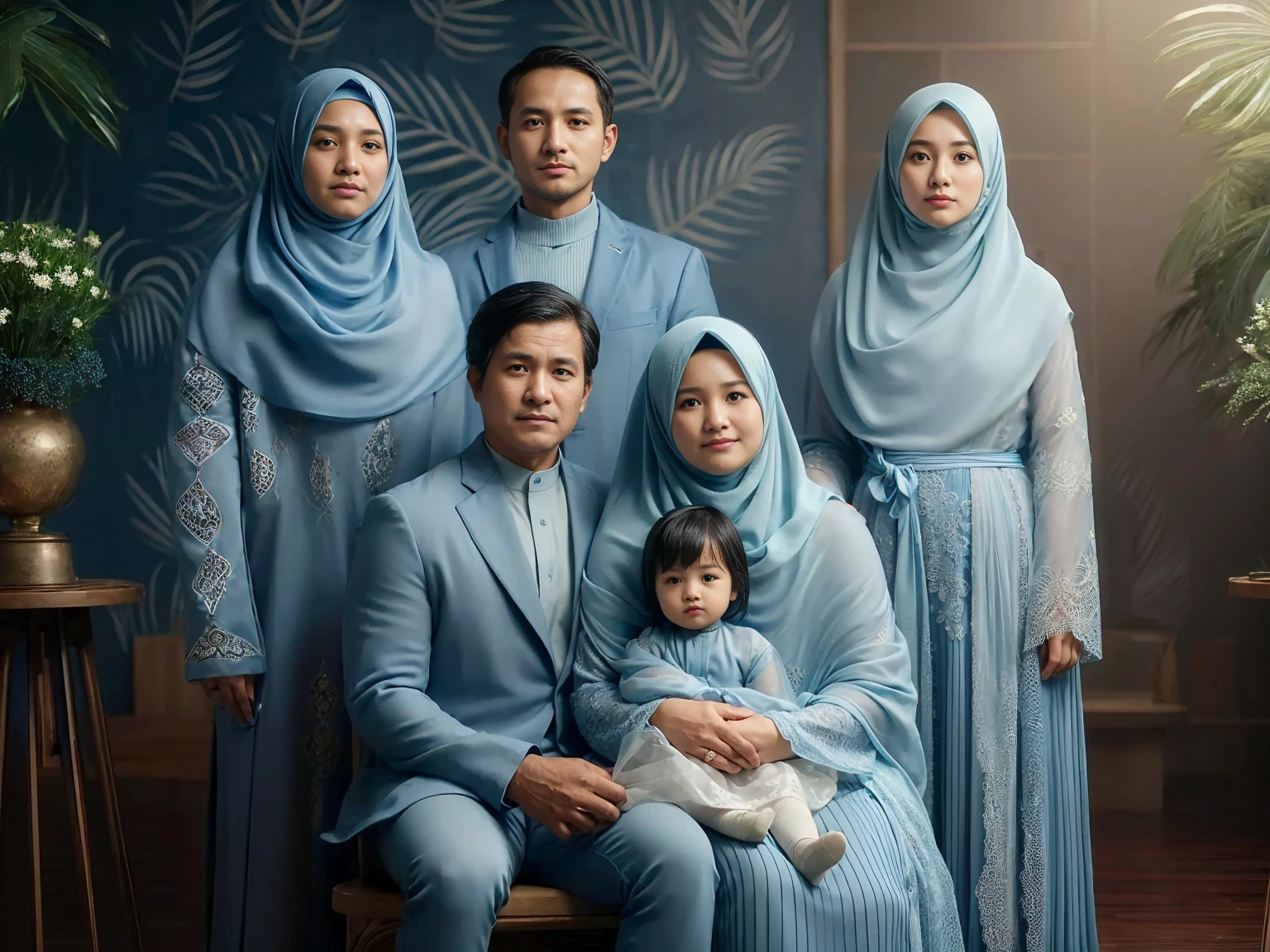 Studio Photography, close up, 5 peoples, Indonesian, sits on couple's chair, a man aged 55 short crew hair and a slightly overweight woman wearing long compliant pashmina hijab in sky blue color holding one  aged 3, stands behind them there's a man aged 27 and two woman aged 25 wearing hijab, all wearing exclusive blue sky suit and blue sky gamis sharia dress with long compliant sharia hijab in sky blue color, set in a studio with navy leaf patterned walls, warm hug pose, green flower vases, side tables, fresh color, 8k, photography, UHD.