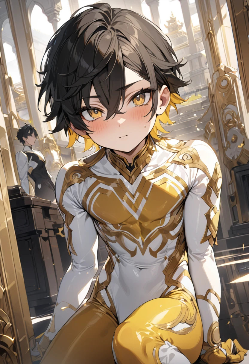 High quality，(Best quality, 4K, A high resolution, Masterpiece:1.2), Super detailed，（1 boy），（（（独奏））），juvenile，male，（Male juvenile）, Handsome and cute boy, black hair ,((yellow inner hair)),Gold tights with white pattern，bodysuit，short hair,Golden Eyes，single photo,the white temple of light,magnificent palace background，