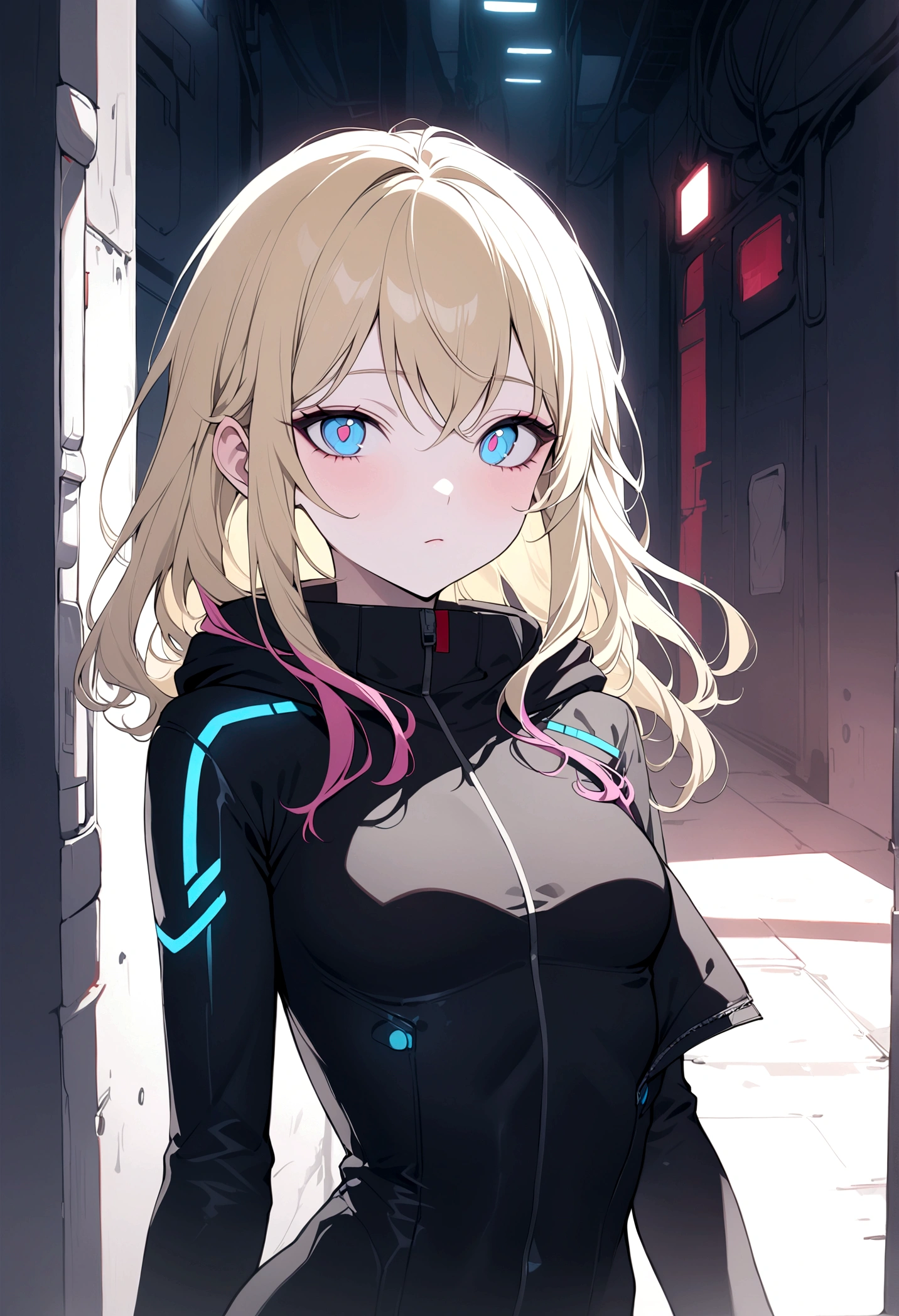 (masterpiece, 32k, 8k, Umbrella Corporation corridor scenario) girl 17 years old, naturally beautiful face, long blonde hair with pink streaks, tight black clothes in cyberpunk style, eyes of different colors, one blue eye and the other gray eye