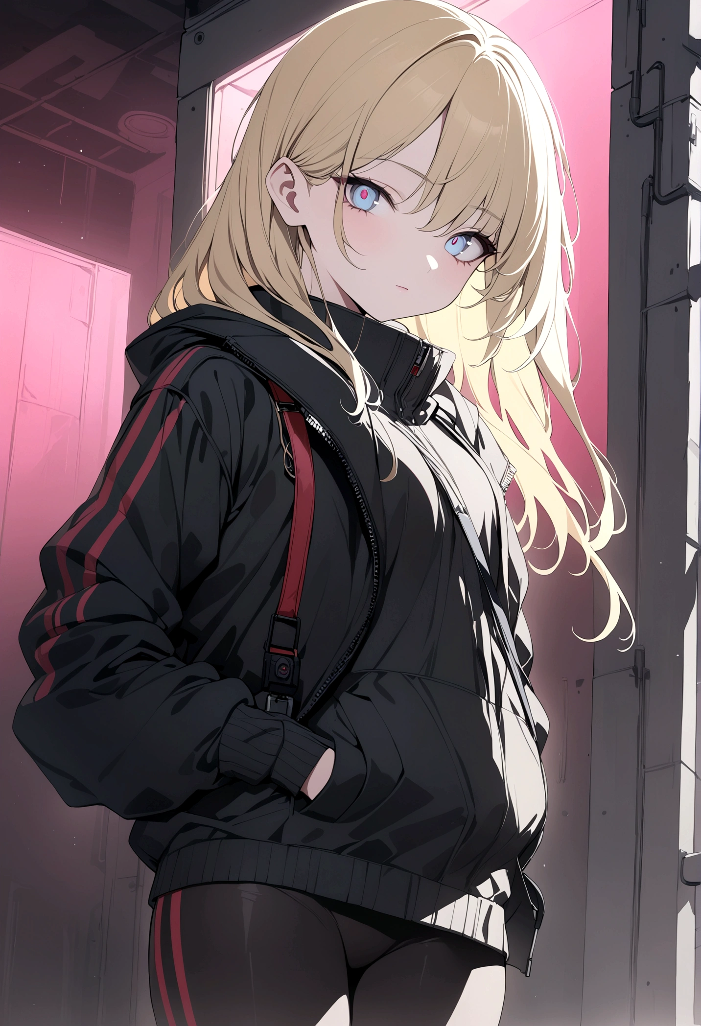 (masterpiece, 32k, 8k, Umbrella Corporation corridor scenario) girl 17 years old, naturally beautiful face, long blonde hair with pink streaks, tight black clothes in cyberpunk style, eyes of different colors, one blue eye and the other gray eye