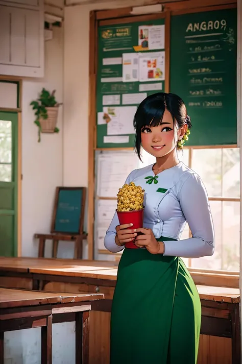 myanmar school girl holding popcorn, wearing a crisp white  with green longyi, her face lit with a cheerful smile, standing in a...