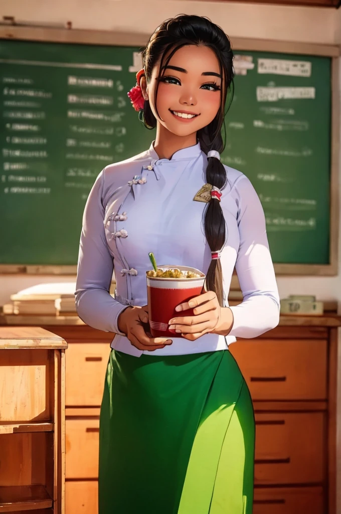 Myanmar school girl holding popcorn, wearing a crisp white  with green longyi, her face lit with a cheerful smile, standing in a serene classroom with wooden desks and chalkboard, soft morning light filtering through the windows, a peaceful and studious atmosphere, Illustration, hand-drawn digital art, --ar 16:9 --v 5