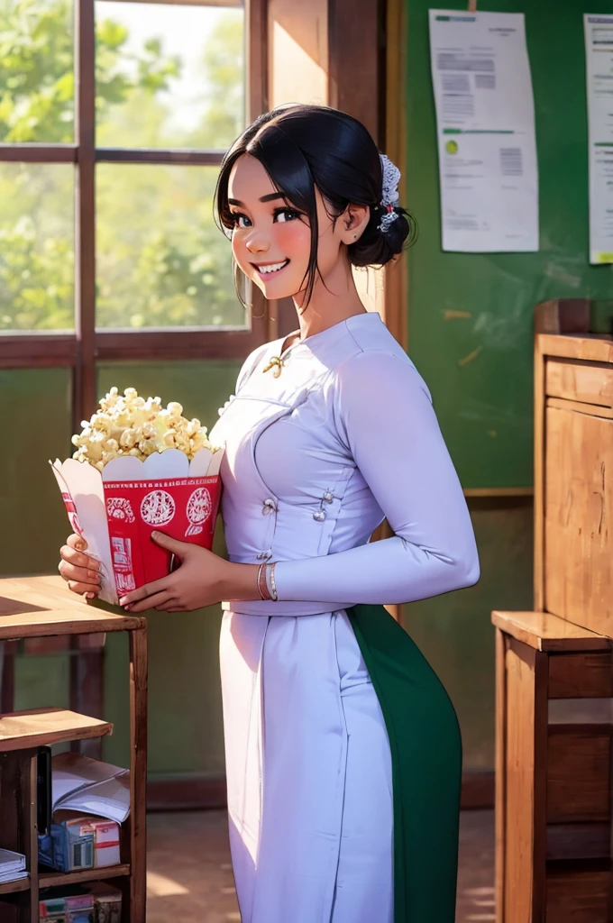 Myanmar school girl holding popcorn, wearing a crisp white  with green longyi, her face lit with a cheerful smile, standing in a serene classroom with wooden desks and chalkboard, soft morning light filtering through the windows, a peaceful and studious atmosphere, Illustration, hand-drawn digital art, --ar 16:9 --v 5