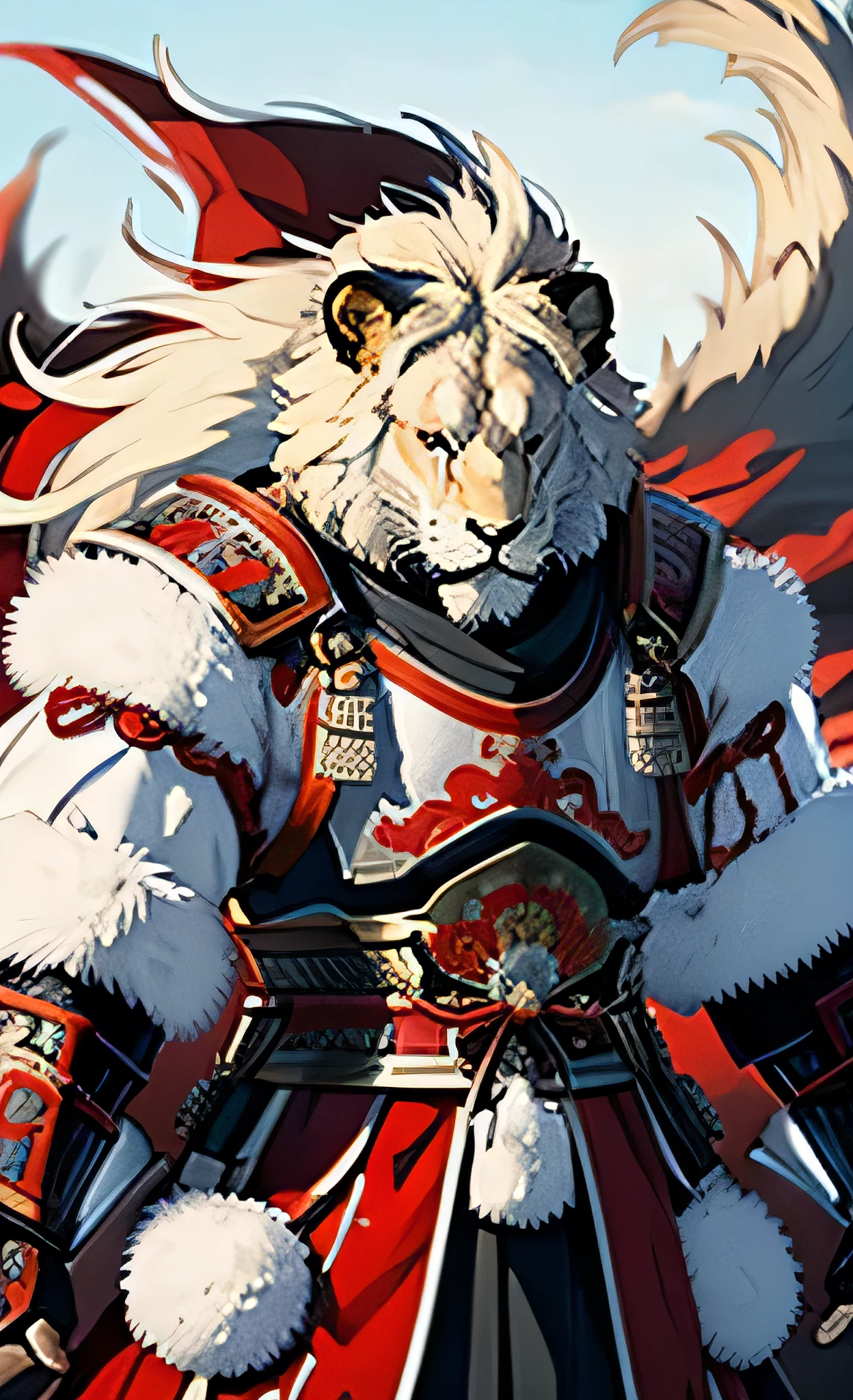 Brave, great and noble lion samurai warrior,(Whole body white fur), Wearing very detailed red samurai armor,He wears a red mask on his head that resembles an ogre&#39;s horns., (One Eye,Black eyepatch on right eye),Sengoku period,He has a black and gold fan, Highly detailed background, Cherry blossoms blowing in the wind, A perfect masterpiece, high quality, High resolution written boundary depth, Perfect lighting, (Particles of light),(最high quality),(masterpiece),(Ultra de Shippo Ed),Sharp focus,Particles of light