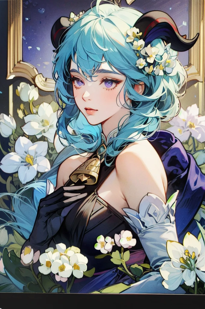 1 girl solo, light blue hair, purple eyes, dark red ram horns, golden bell on her chest, detached white and blue sleeves, bare shoulders, sleeveless black top, black gloves, ((portrait face closeup)) Vintage Victorian style, Precise vintage encyclopedia (best quality:1.2), (detailed:1.2), (masterpiece:1.2), vintage botanical illustration, (((white flowers Diphylleia grayi))) many white flowers around, flower petals flying, dramatic cinematic light