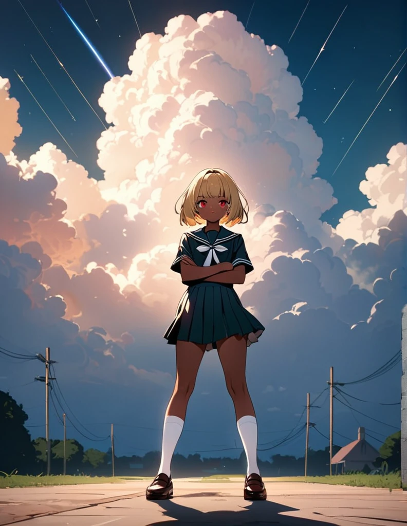 ((masterpiece, Highest quality)), High resolution, 8K, Cinematic Light, High Contrast, Depth of written boundary, A 17-year-old Japanese girl, Catholic high school student, Blonde bob cut, beautiful red eyes, neatly aligned bangs, tanned chocolate skin, black gal style, traditional dark green sailor uniform, white tie, white sailor collar, white socks, loafers, full body, standing with a confident expression, arms crossed, perfect lighting, 

A blue sky, a summer cumulonimbus, a single shooting star, an insolent face, standing with his legs apart shoulder-width apart