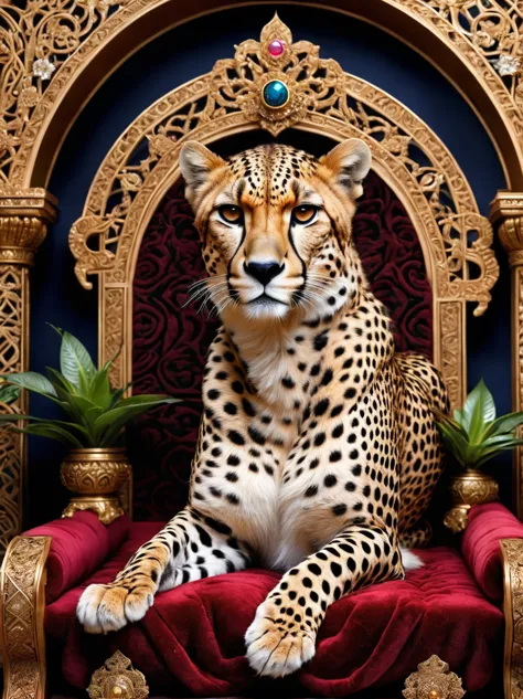 Visualize a majestic Cheetah resting on a grandiose throne. The throne is intricately designed with carvings and jewel encrustat...