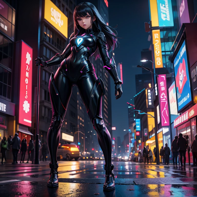 In the heart of a neon-lit city, a cybernetic model strides confidently down the street, her body a fusion of sleek black armor and vibrant yellow accents. The armor, a marvel of advanced technology, clings to her form, highlighting her every movement. The city around her is alive with the glow of neon signs, casting an otherworldly light that dances off the wet pavement. The scene is a blend of high-tech fashion and urban nightlife, a glimpse into a future where style and technology intertwine.