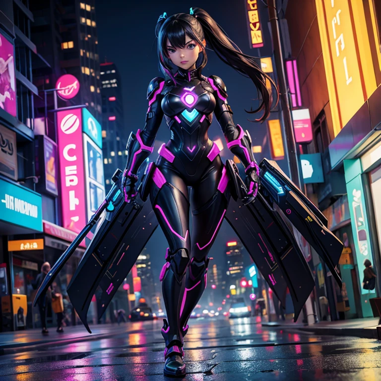 In the heart of a neon-lit city, a cybernetic model strides confidently down the street, her body a fusion of sleek black armor and vibrant yellow accents. The armor, a marvel of advanced technology, clings to her form, highlighting her every movement. The city around her is alive with the glow of neon signs, casting an otherworldly light that dances off the wet pavement. The scene is a blend of high-tech fashion and urban nightlife, a glimpse into a future where style and technology intertwine.
