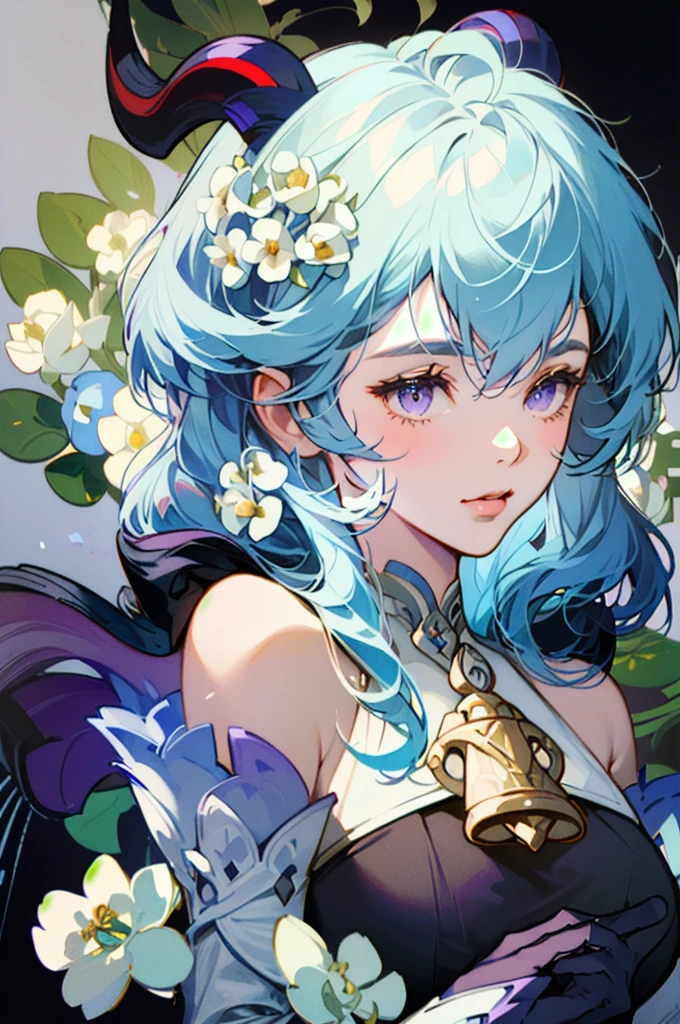 1 girl solo, light blue hair, purple eyes, dark red ram horns, golden bell on her chest, detached white and blue sleeves, bare shoulders, sleeveless black top, black gloves, ((portrait face closeup)) Vintage Victorian style, Precise vintage encyclopedia (best quality:1.2), (detailed:1.2), (masterpiece:1.2), vintage botanical illustration, (((white flowers Diphylleia grayi)))