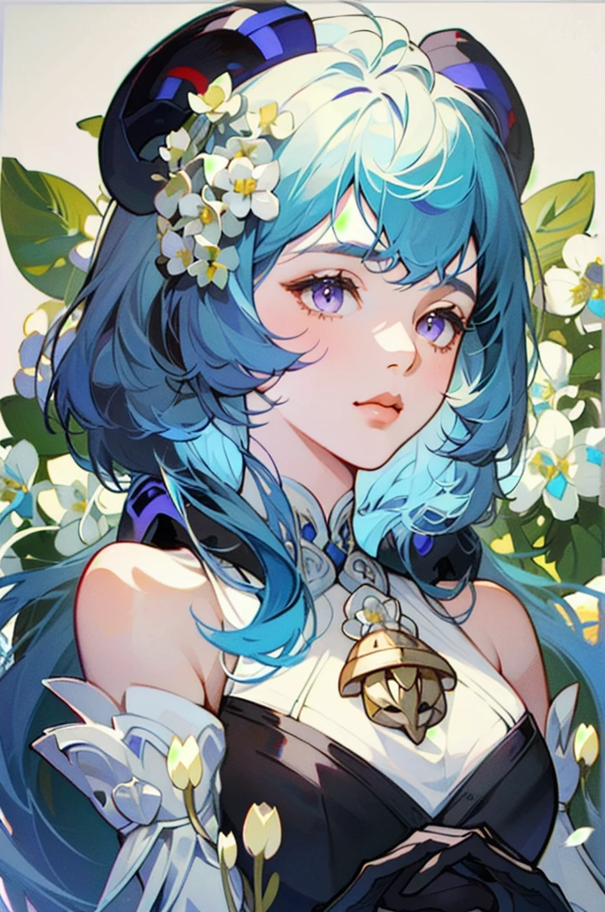 1 girl solo, light blue hair, purple eyes, dark red ram horns, golden bell on her chest, detached white and blue sleeves, bare shoulders, sleeveless black top, black gloves, ((portrait face closeup)) Vintage Victorian style, Precise vintage encyclopedia (best quality:1.2), (detailed:1.2), (masterpiece:1.2), vintage botanical illustration, (((white flowers Diphylleia grayi)))