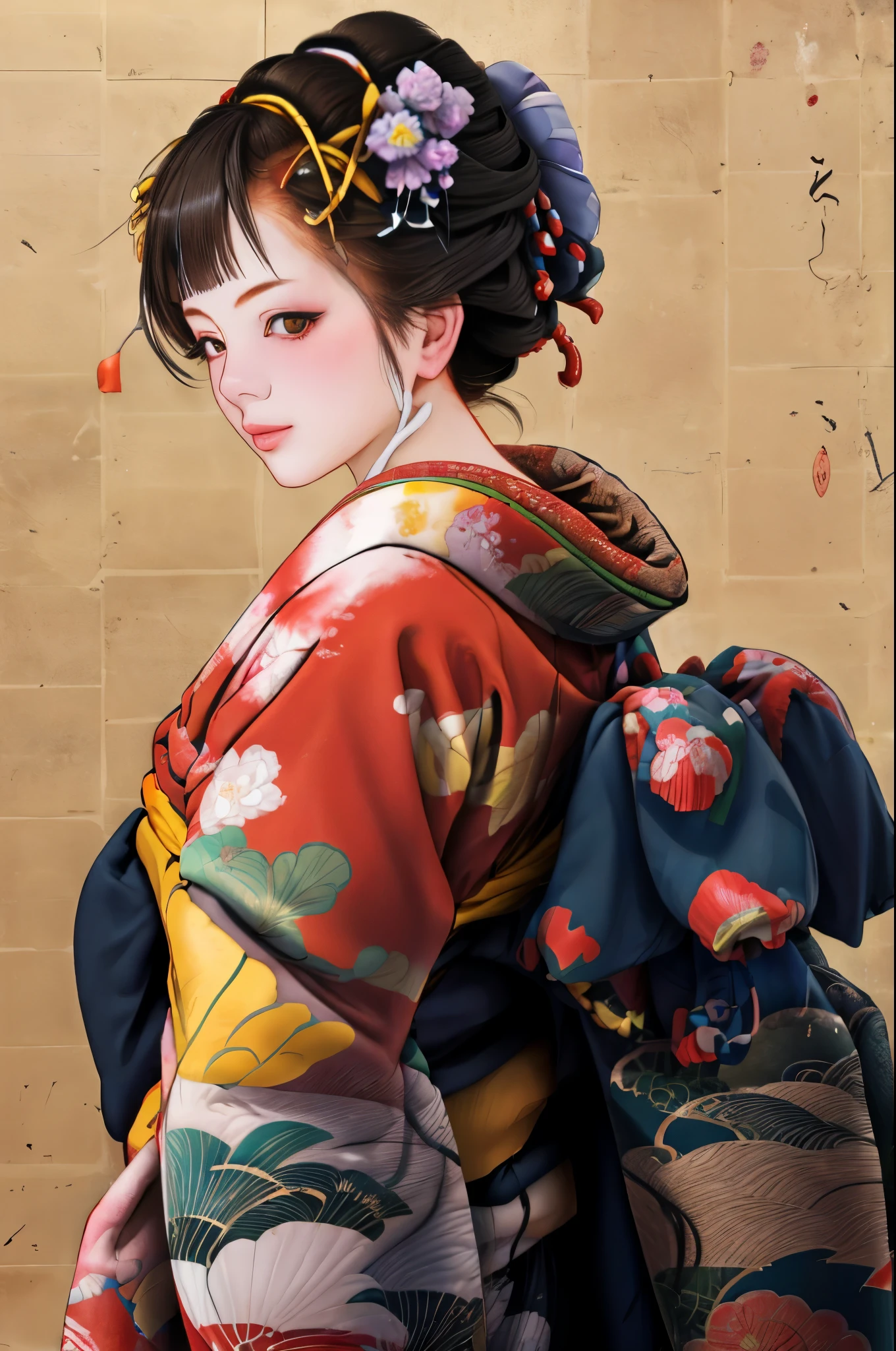 1 fille, seul, Oïran, des pays, pays, En regardant le public, Cheveux courts, yeux marrons, cheveux bruns, cheveux noirs, ornements de cheveux, Haut du corps, kimono, frange émoussée, kimono, ceinture, compenser, coupe de cheveux au carré,