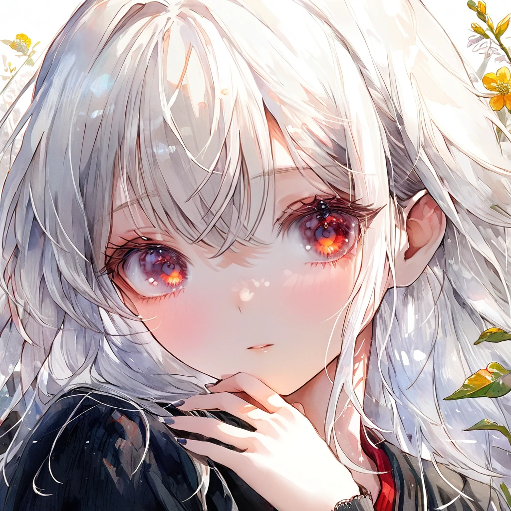 (masterpiece:1.2, best quality), (finely detailed beautiful eyes: 1.2), ((1 girl)), (red eyes:1.4), (finely detailed eyes and detailed face:1.3), ((girl with long white hair)), (beautiful and clear background:1.2), (extremely detailed CG, ultra-detailed, best shadow:1.1), ((depth of field)), ((watercolor)), beautiful concept illustration, (black background:0.5), (illustration:1.1), (extremely fine and beautiful:1.1), (perfect details:1.1), from front, cowboy shot, scenery 