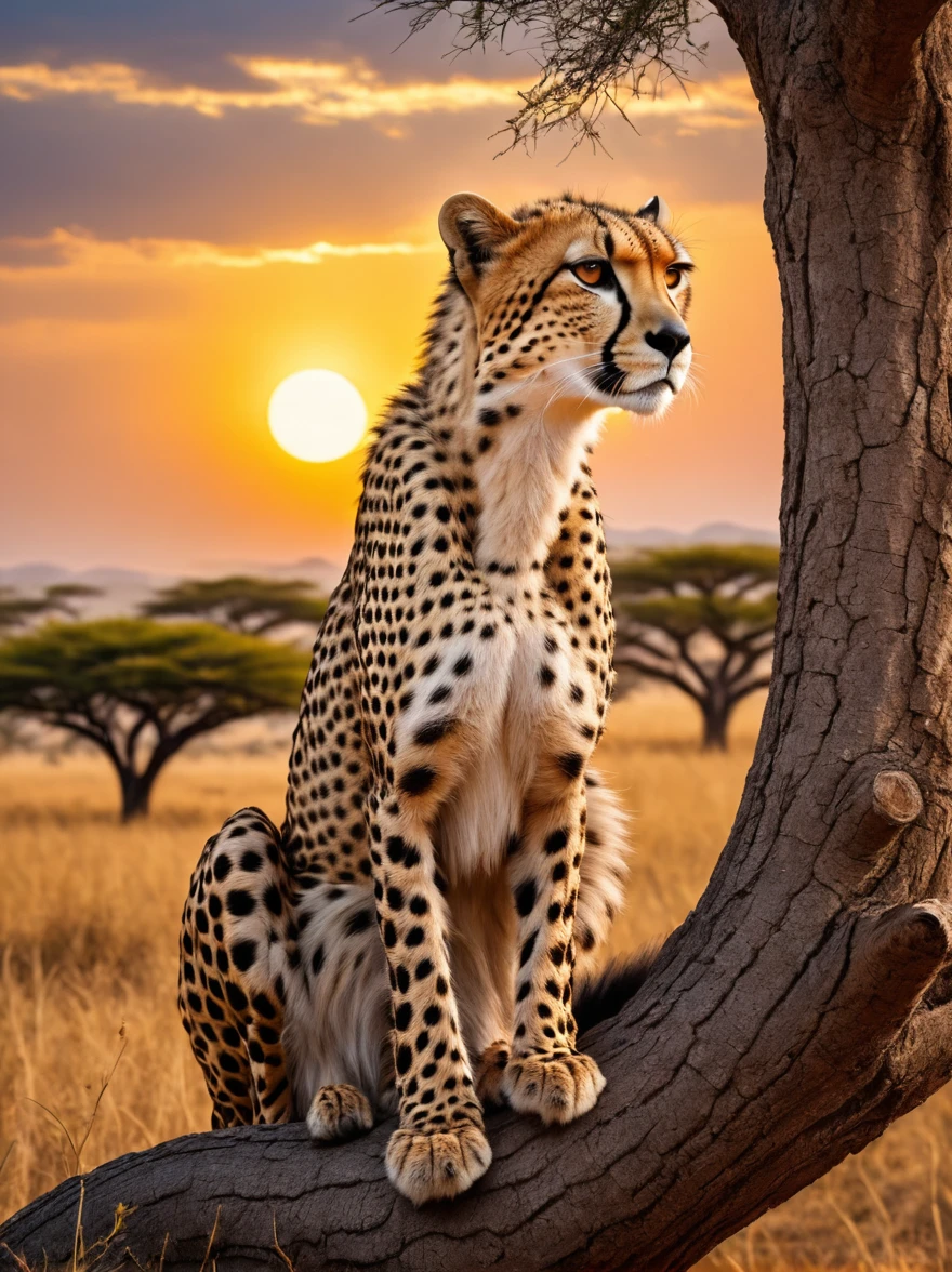 树上的猎豹，捕捉猎物，非洲草原，大树，（最好的质量、8千、高分辨率、杰作：1.2）、超详细、（逼真、照片般逼真、照片般逼真：1.37）、人类发展报告、野生动物摄影、戏剧灯光、日落、黄金时间、清晰聚焦、极其细致的眼睛和脸部
