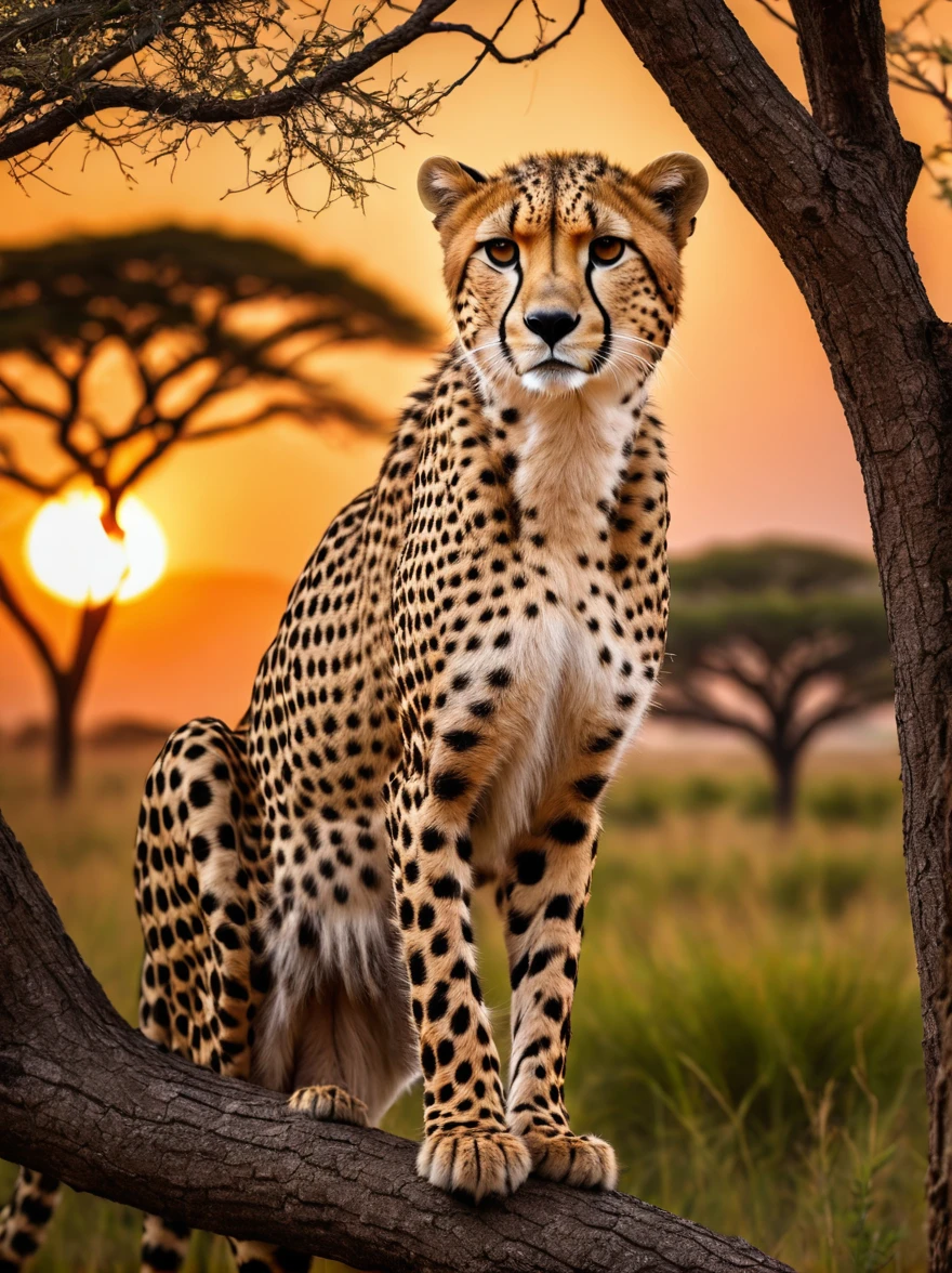 樹上的獵豹，捕捉獵物，非洲草原，大樹，（最好的品質、8K、高解析度、傑作：1.2）、超細節、（逼真、照片般逼真、照片般逼真：1.37）、高動態範圍、野生动物摄影、戲劇性的燈光、日落、黃金時間、銳利的焦點、極度細緻的眼睛和臉部