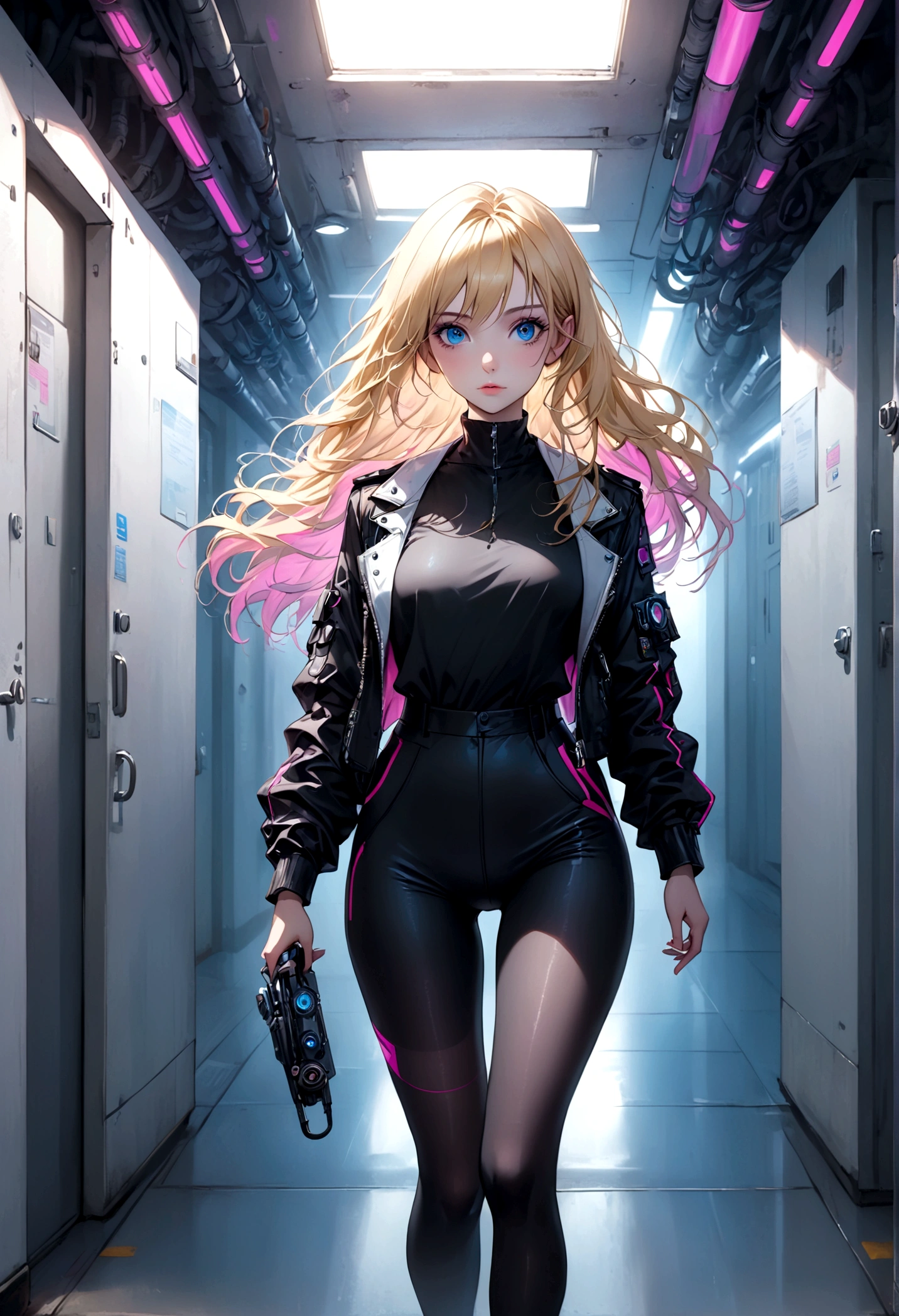 (masterpiece, 32k, 8k, white laboratory corridor setting, character walking towards the viewer) woman, 26 years old, naturally beautiful face, long blonde hair with pink streaks, tight black clothes in cyberpunk style, eyes of different colors, one blue eye and another gray eye